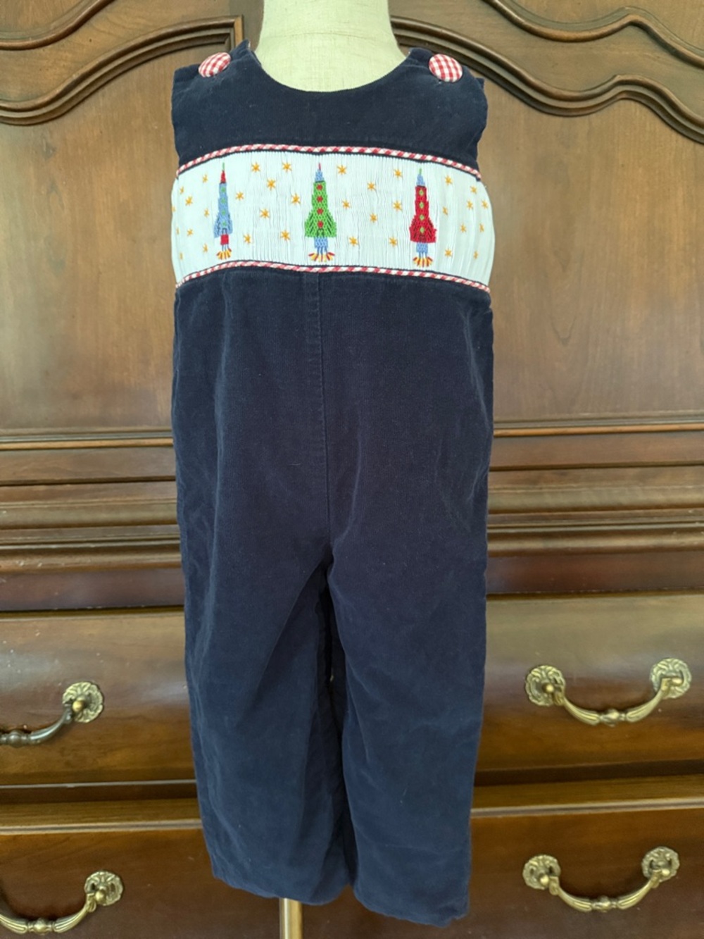 Three Mommas Smocked Rocket Longall 18-24M Navy Corduroy Boys Boutique Overalls